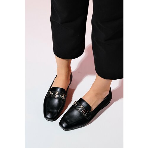 LuviShoes PECOS Women's Black Skin Buckle Loafer Shoes Slike
