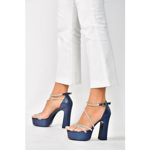 Fox Shoes Navy Blue Glitter Platform Chunky Heel Women's Evening Dress Shoes Slike