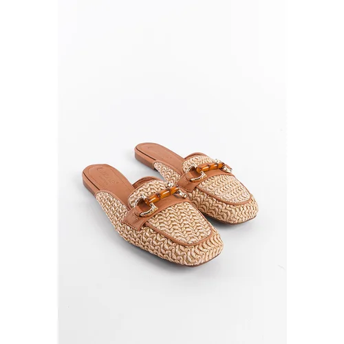 Capone Outfitters Straw Buckle Genuine Leather Women's Short Heeled Closed Women's Slippers