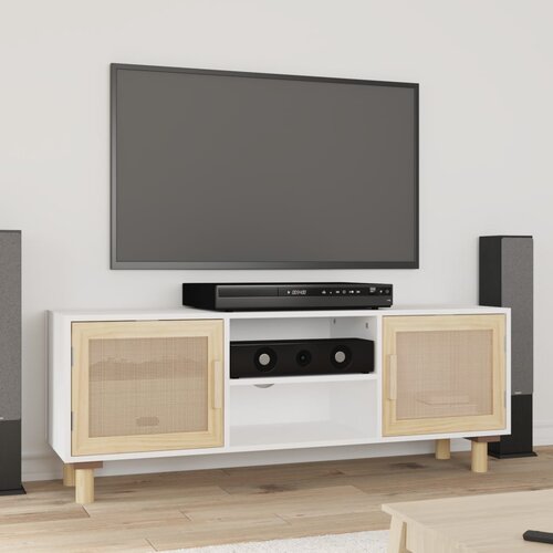 The Living Store TV omarica bela 105x30x40 cm trdna borovina in naravni ratan - TV Omarica, (21375730) Slike