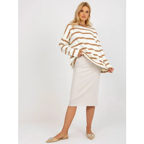 Fashion Hunters Light brown and ecru striped oversized sweater with stand-up collar by RUE PARIS