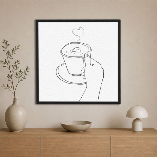 Wallxpert uramljena slika na platnu Cc-K-Sy-1030, linijski crtež ruke sa &amp;scaron;oljom kafe i srcem od pare, 80 x 80 cm Slike