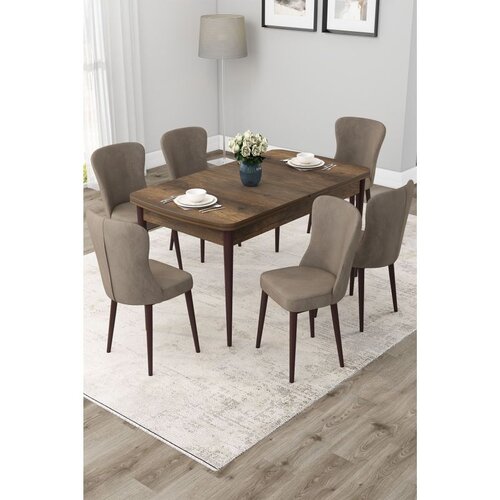 Hanah home trpezarijski set Due, sto na razvlačenje i 6 stolica, ploča u dekoru drveta Baroque, kapućino tkanina Babyface Cene