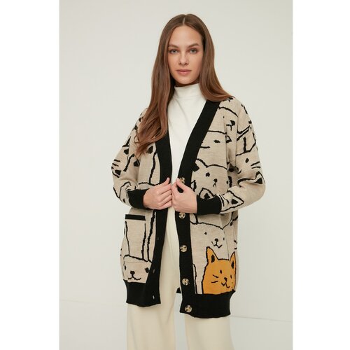 Trendyol Beige V Neck Cat Patterned Knitwear Cardigan Slike