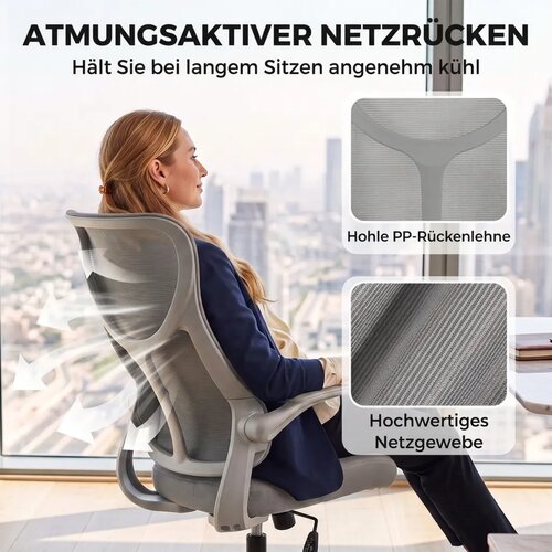  Ergonomska mrežasta uredska stolica okretna stolica s visokim naslonom sklopivi nasloni za ruke funkcija ljuljanja siva Slike