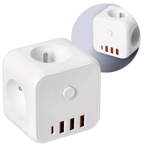  Produžni razvodnik sa prekidačem LINEA 3x230V + 4xUSB-A/USB-C, beo Slike