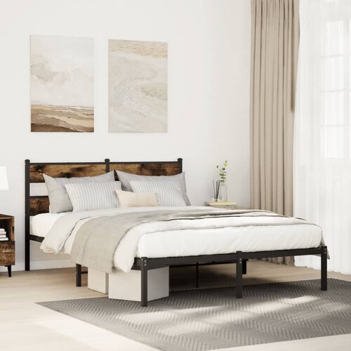 VidaXL Kovinski posteljni okvir brez vzmetnice dimljen hrast 140x200cm Slike
