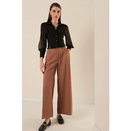 By Saygı Elastic Waist, Belted, Pocket Palazzo Trousers Green.