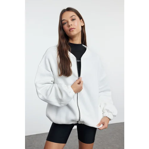 Trendyol Ecru Zippered Oversize/Wide Fit Thick Inside Fleece Knitted Sweatshirt