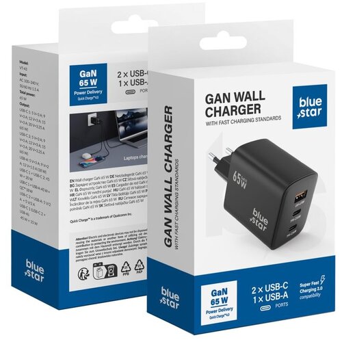 Blue Star kućni punjač  gan 4A 65W 2 x type c + usb a pd QC4.0 VT-43 crni Cene