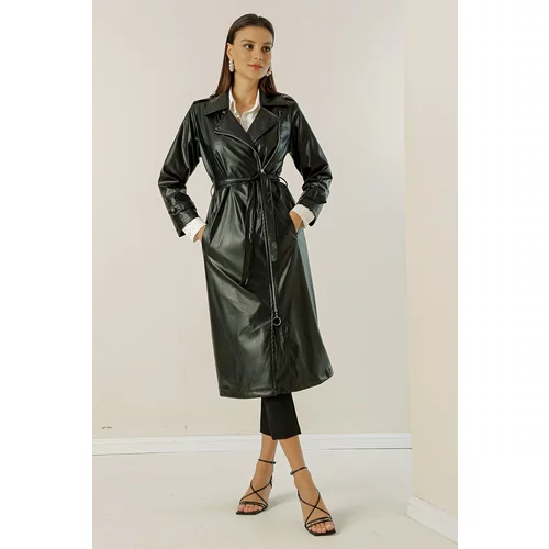 By Saygı Belted Waist Lined Faux Leather Trench Coat with Side Pockets.
