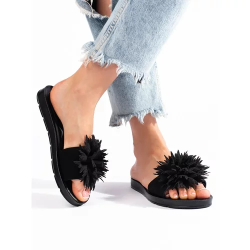Shelvt Black women's flip-flops with a flower