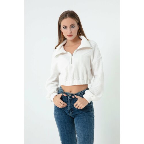 Lafaba Women's White Zippered Crop Sweater Slike