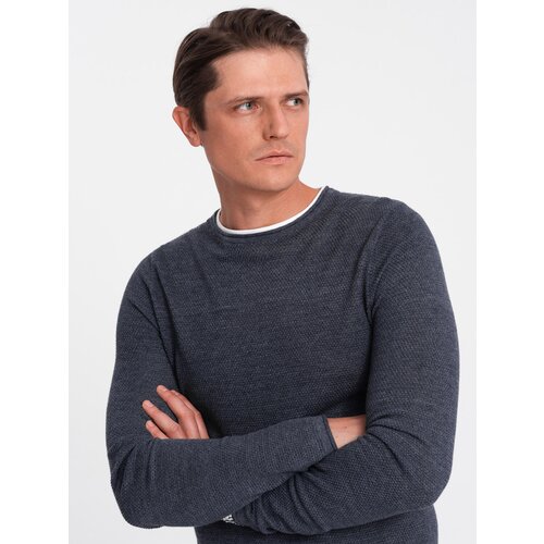 Ombre Men's cotton sweater with round neckline - navy blue melange Slike