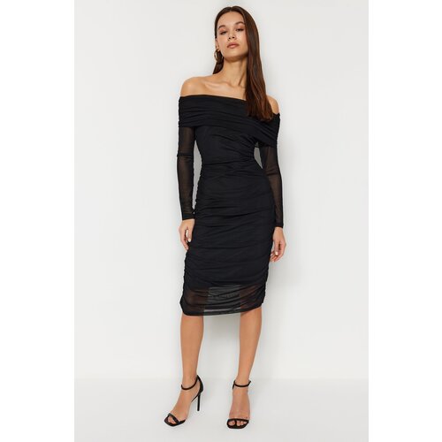 Trendyol Black Carmen Collar Fitted Tulle Lined Midi Gathered Knitted Dress Slike