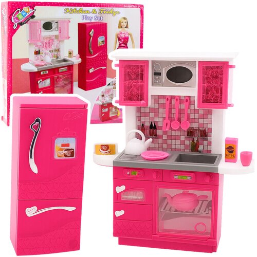 Doll Kitchen Set Fridge Oven Accessories Pink Slike