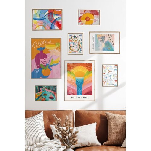 Wallxpert set od 8 manjih uramljenih slika &Ccedil;gs-079, &scaron;areni pop-art motivi &ndash; koktel tekila, zalazak sunca, gramofonska ploča i bazen, ram u boji prirodnog drveta Cene