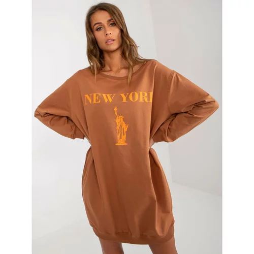 Fashion Hunters Light brown and orange long oversized sweatshirt with a print