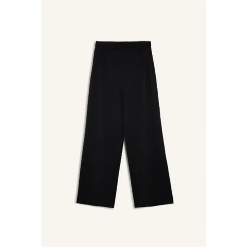  Straight Fit Elastic Waist Basic Plain Crepe Wide Leg Trousers