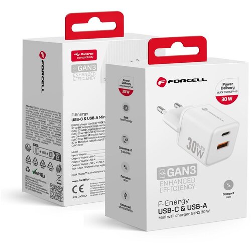 Forcell GaN III 30W omrežni polnilnik z USB-C + USB vratom v mini formatu, Bela, (5000007957) Slike