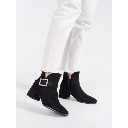 Shelvt Black suede women's ankle boots with silver buckle Cene