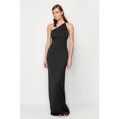 Trendyol Black A-Line Rose Detailed Woven Satin Long Elegant Evening Dress Cene