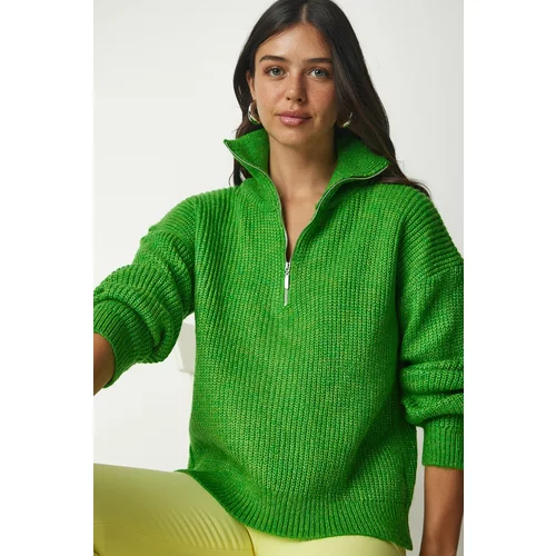 Happiness İstanbul Women's Green Zipper Collar Knitwear Sweater