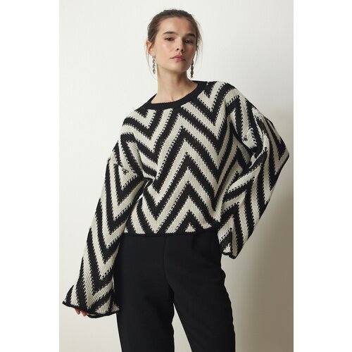  Women's Black Cream Patterned Spanish Sleeve Thick Knitwear Sweater Cene