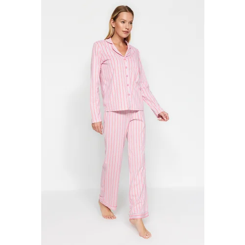 Trendyol Pink 100% Cotton Striped Shirt-Pants Knitted Pajamas Set