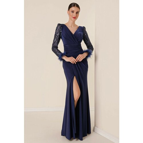 By Saygı Double Breasted Collar Front Draped Sleeves Pulp Feather Detailed Lined Lycra Long Dress Navy Blue Slike