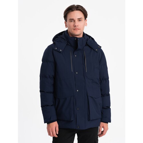 Ombre Men&amp;#039;s winter jacket with detachable hood and cargo pockets - navy blue Slike
