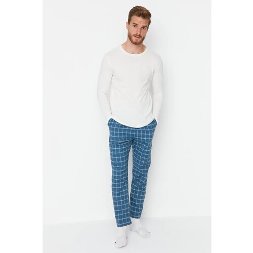 Trendyol Ecru - Blue Men Regular Fit Plaid Top Knitted Bottom Woven Pajamas Set Slike