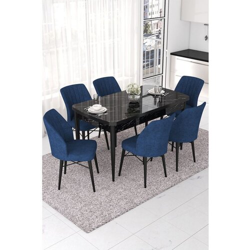 Hanah home Nef - Black Marble, Navy Blue Black MarbleNavy Blue Extendable Dining Table & Chairs Set (7 Pieces) Cene