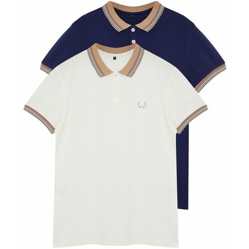 Trendyol Navy-White Men's 2-Pack Slim/Slim Fit Deer Embroidered 100% Cotton Polo Neck T-Shirt Cene