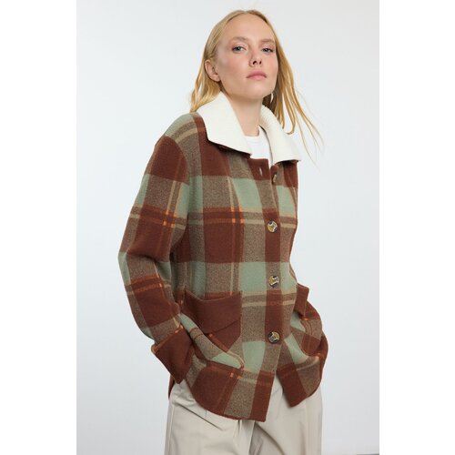 Trendyol Brown Premium Quality Plaid Jacket/Coat Look Knitwear Cardigan Slike