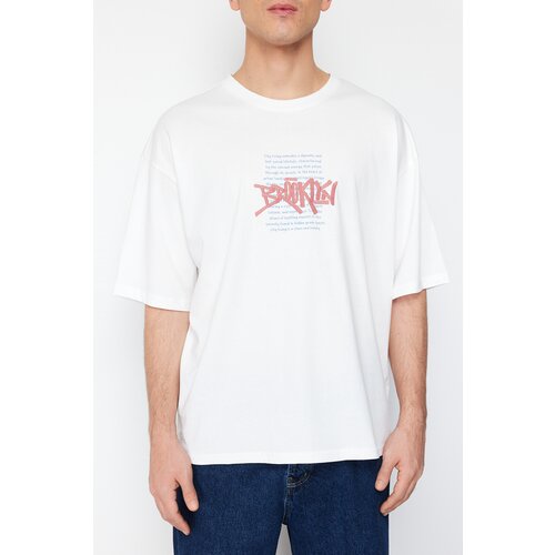 Trendyol Ecru Men's Oversize Printed Embroidered 100% Cotton T-Shirt Cene