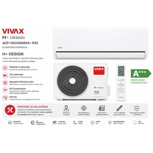 Vivax ACP-12CH35AEHI+, H+ design 3,5kW klimatska naprava, R32, A+++, bela z montažo - Cene