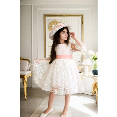 Dewberry N8712 Princess Model Girls Dress with Hat &amp;amp; Lace-WHITE Slike