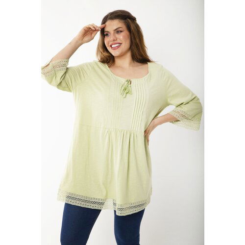 Şans Women's Plus Size Green Sleeves And Hem Lace Detailed Ribbed Stitched Tunic Cene