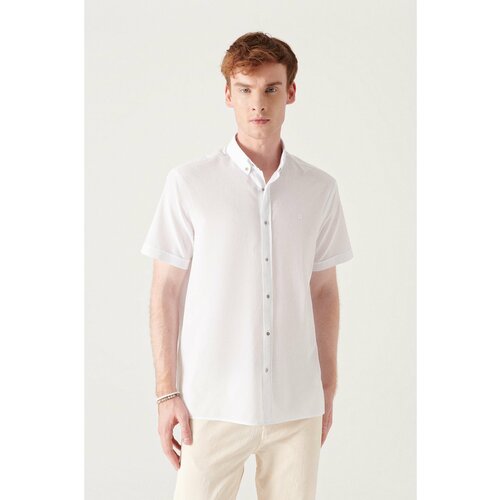 Avva Men's White Buttoned Collar 100% Cotton Thin Short Sleeve Standard Fit Normal Cut Shirt Slike