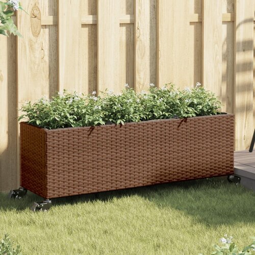 vidaXL Vrtno korito s kolesi in 3 lonci rjava 107x32x38 cm poli ratan Cene