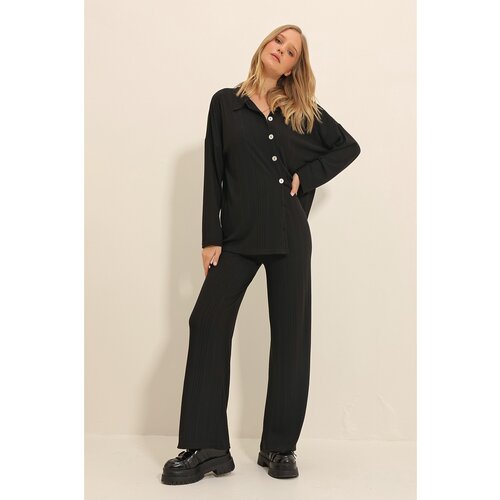 Trend Alaçatı Stili Women's Black Front Buttoned Knitwear Cardigan And Palazzo Trousers Double Suit Cene