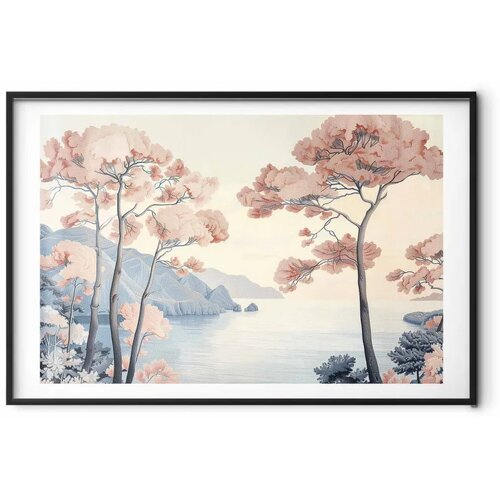  Plakat - Ocean Cliffs and Trees Delicate Motif in Pastel Colors 30x21 Crni okvir s margom Slike