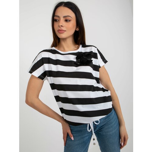 Fashion Hunters Lady's black and white striped blouse with flower Slike