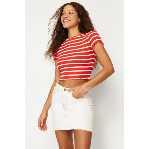 Trendyol Red-White Striped Baby Overlock Detail Fitted Crop Knitted Blouse Slike