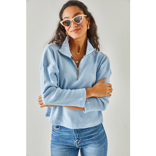 Olalook Women's Baby Blue Zipper Stand-Up Collar Raspberry Sweater Cene