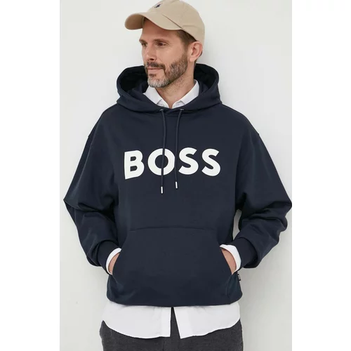 Boss Bombažen pulover moška, mornarsko modra barva, s kapuco