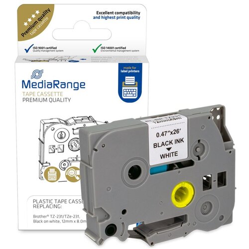 Mediarange Kaseta s trakom za tiskalnike etiket - Brother TZ-231 / TZe-231, trajno lepilo, 12mm, 8m, laminiran, bel trak, črn izpis Slike