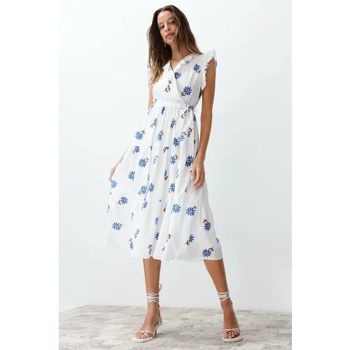 Trendyol White Belted Floral Pattern A-Line Double Breasted Neck Midi Woven Midi Dress