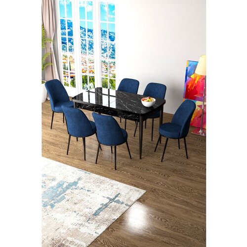 Hanah home Zen - Black Marble, Navy Blue Black MarbleNavy Blue Extendable Dining Table & Chairs Set (7 Pieces) Cene